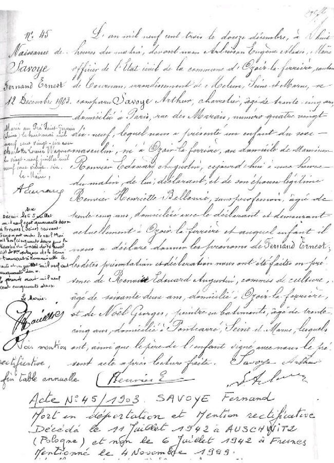 Acte de naissance de Fernand Ernest Savoye, dressé le 12 décembre 1903 à Ozoir-la-Ferrière